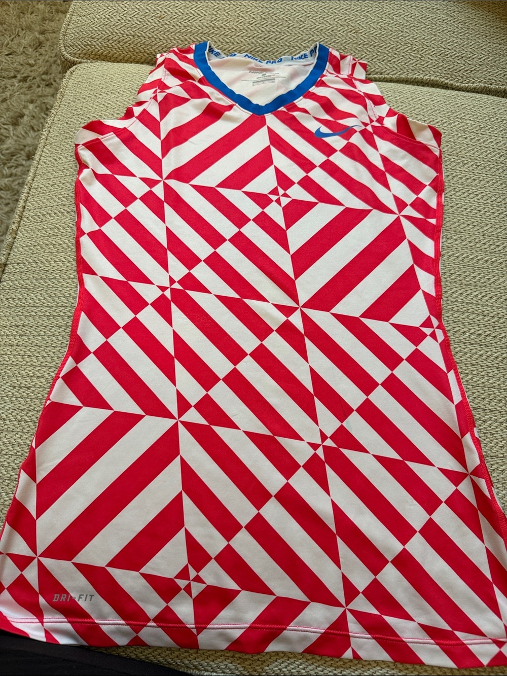 Nike Red & White Geometric Sleeveless Athletic Top with Blue Trim